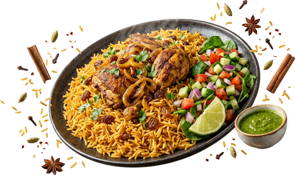 Somali bariis spiced rice platter with chicken, salad and green chilli sauce, surrounded by floating spices